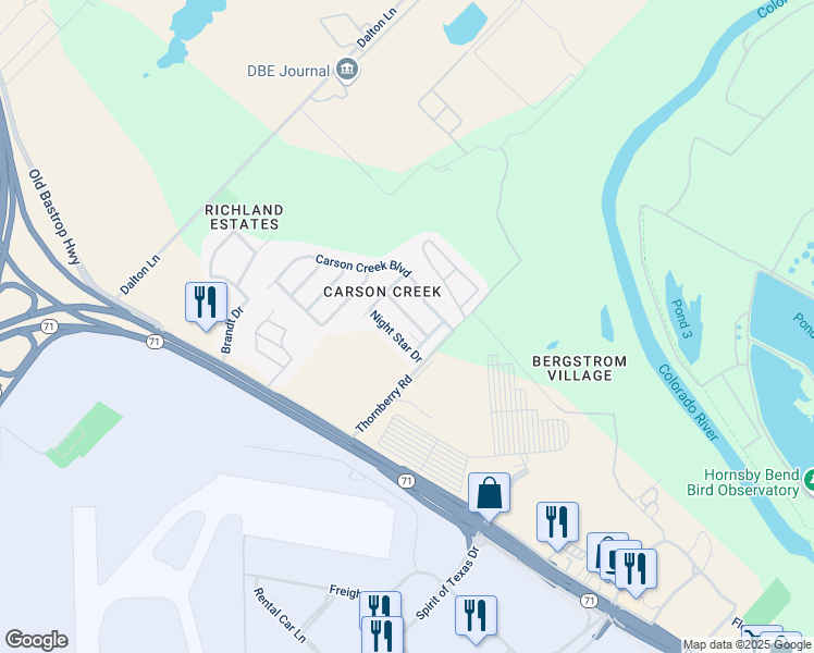 map of restaurants, bars, coffee shops, grocery stores, and more near 9604 Night Star Drive in Del Valle