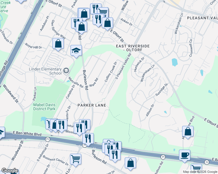map of restaurants, bars, coffee shops, grocery stores, and more near 3100 South Pleasant Valley Road in Austin