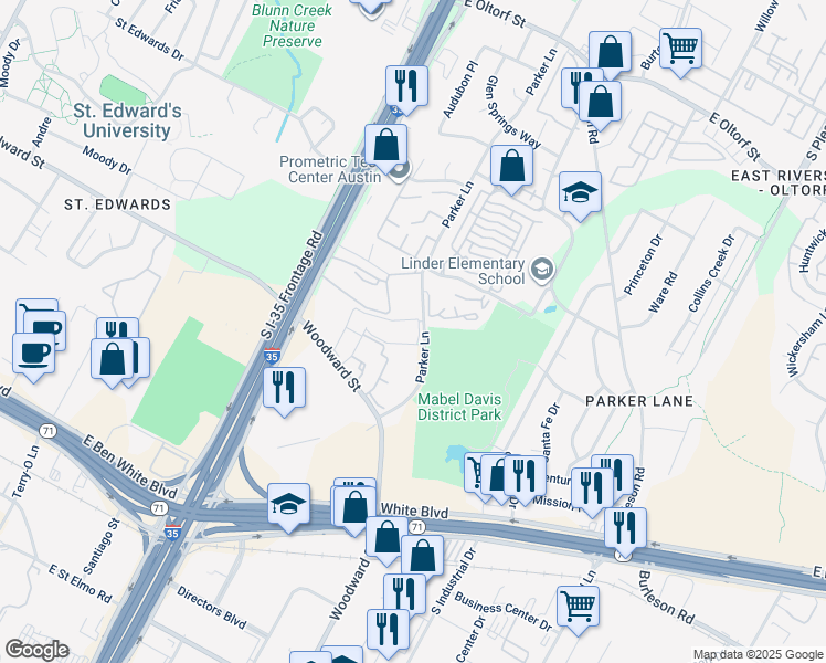map of restaurants, bars, coffee shops, grocery stores, and more near 3300 Parker Lane in Austin