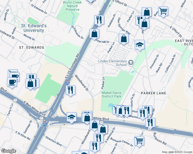 map of restaurants, bars, coffee shops, grocery stores, and more near 3300 Parker Lane in Austin