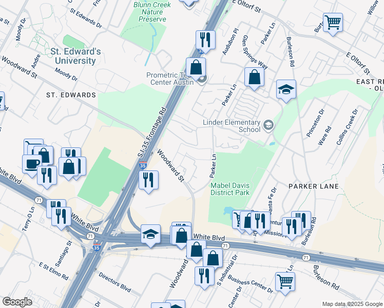 map of restaurants, bars, coffee shops, grocery stores, and more near 1712 Woodward Street in Austin