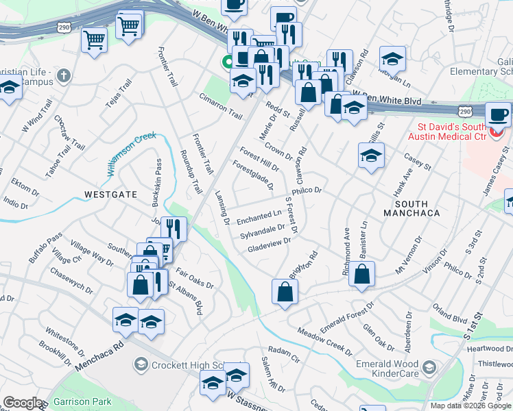 map of restaurants, bars, coffee shops, grocery stores, and more near 4806 Enchanted Lane in Austin