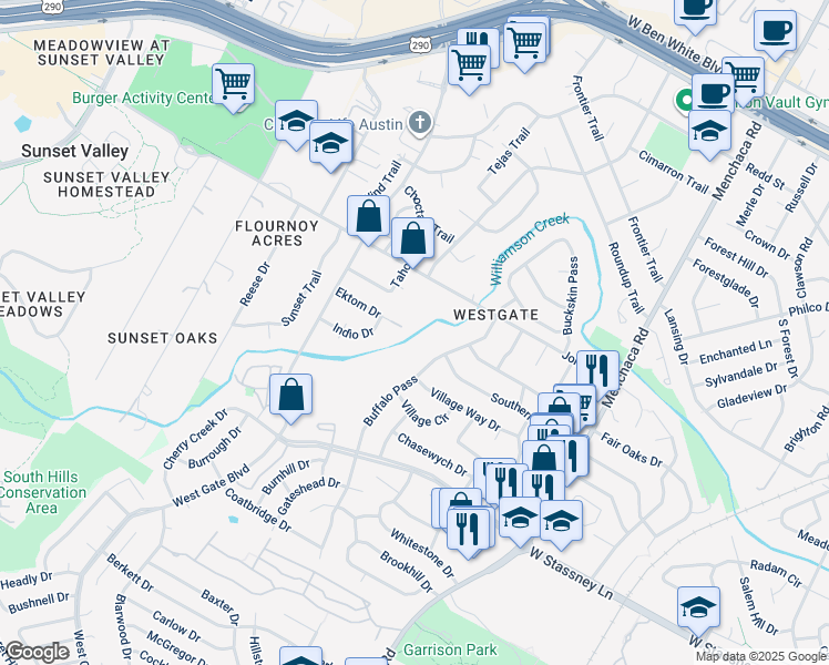 map of restaurants, bars, coffee shops, grocery stores, and more near 5302 Buffalo Pass in Austin