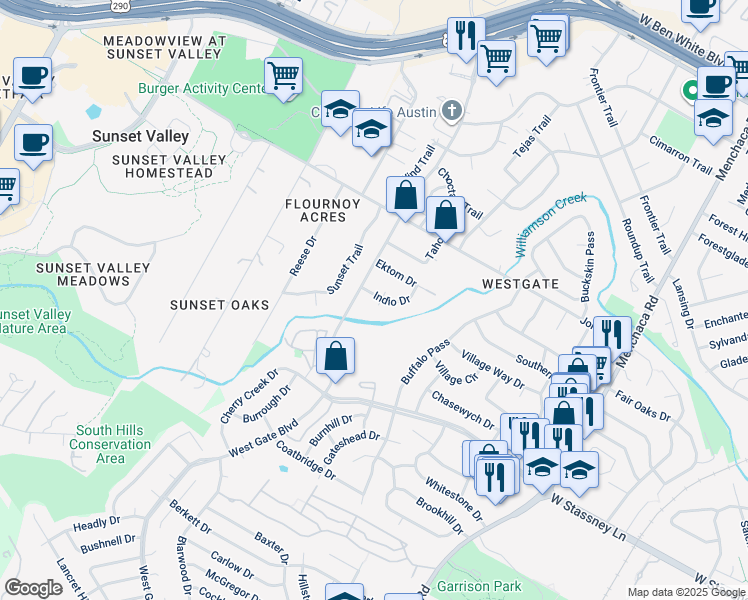 map of restaurants, bars, coffee shops, grocery stores, and more near 5303 Indio Cove in Austin