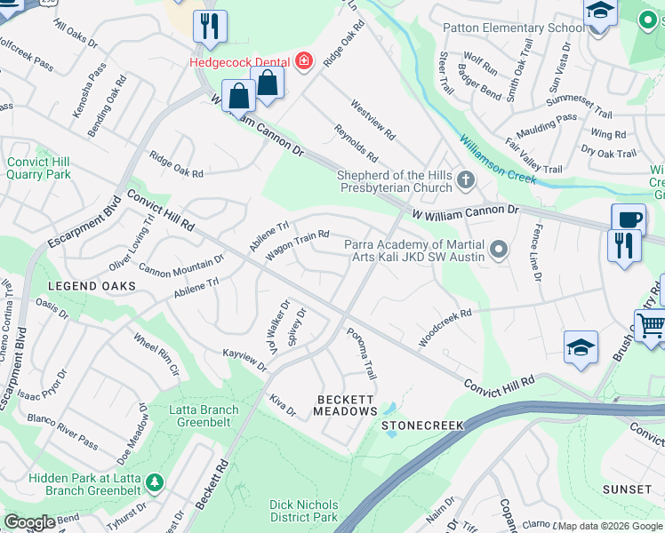 map of restaurants, bars, coffee shops, grocery stores, and more near 5503 Camp Fire Trail in Austin