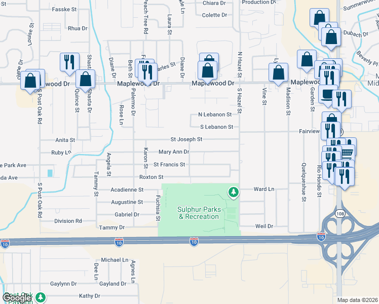 map of restaurants, bars, coffee shops, grocery stores, and more near 1801 Gale Street in Sulphur