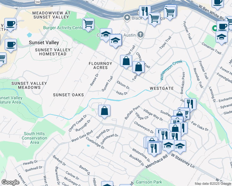 map of restaurants, bars, coffee shops, grocery stores, and more near 5303 Indio Cove in Austin