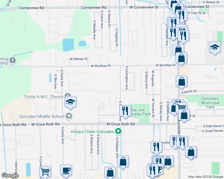 map of restaurants, bars, coffee shops, grocery stores, and more near 1524 South Lanoux Avenue in Gonzales