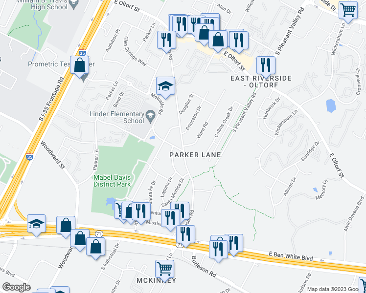map of restaurants, bars, coffee shops, grocery stores, and more near Burleson Rd & Ware Rd in Austin