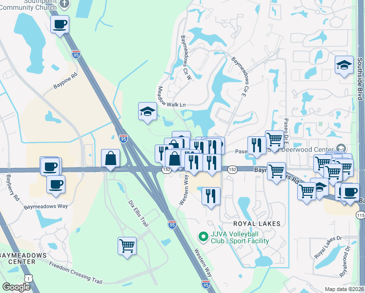 map of restaurants, bars, coffee shops, grocery stores, and more near 7981 Baymeadows Circle West in Jacksonville