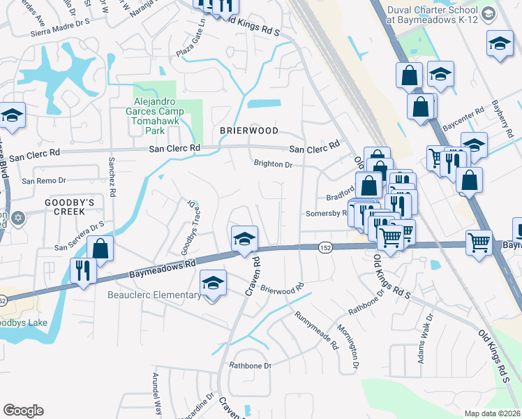 map of restaurants, bars, coffee shops, grocery stores, and more near 8651 Deermoss Way East in Jacksonville