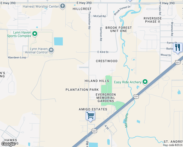 map of restaurants, bars, coffee shops, grocery stores, and more near 318 Hiland Drive in Panama City