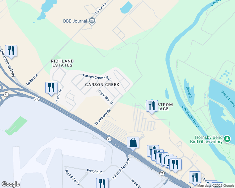map of restaurants, bars, coffee shops, grocery stores, and more near 1403 Warrior Lane in Del Valle