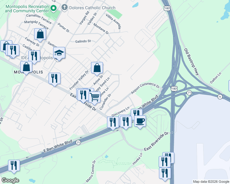 map of restaurants, bars, coffee shops, grocery stores, and more near 1601 Coriander Drive in Austin