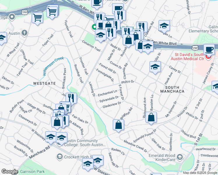 map of restaurants, bars, coffee shops, grocery stores, and more near 4806 Enchanted Lane in Austin