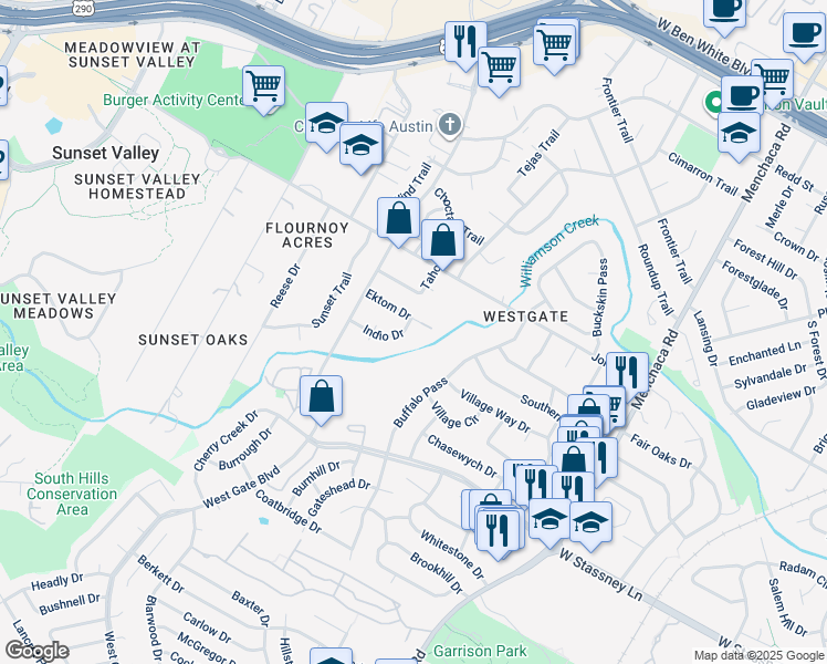 map of restaurants, bars, coffee shops, grocery stores, and more near 5305 Indio Drive in Austin