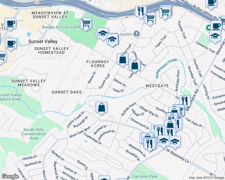 map of restaurants, bars, coffee shops, grocery stores, and more near 5303 Indio Cove in Austin