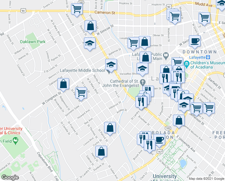 map of restaurants, bars, coffee shops, grocery stores, and more near 106 Poinsetta Street in Lafayette