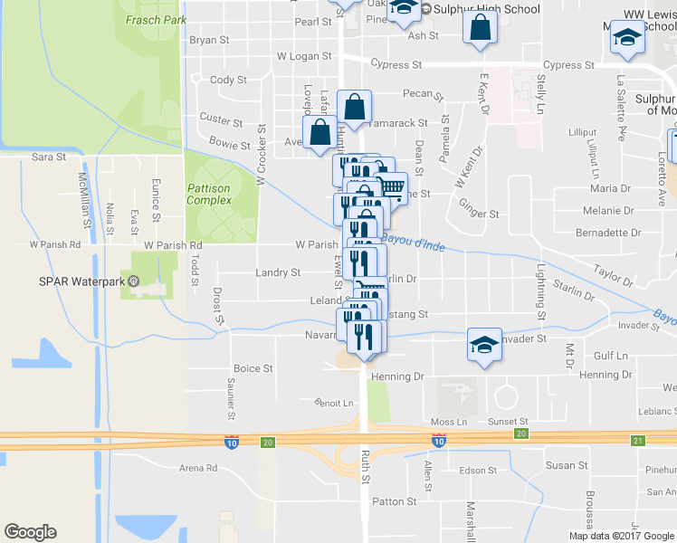 map of restaurants, bars, coffee shops, grocery stores, and more near Ewel Street in Sulphur