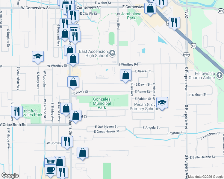map of restaurants, bars, coffee shops, grocery stores, and more near 619 East Rome Street in Gonzales