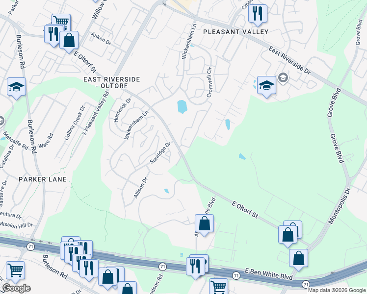 map of restaurants, bars, coffee shops, grocery stores, and more near 2701 Sunridge Drive in Austin