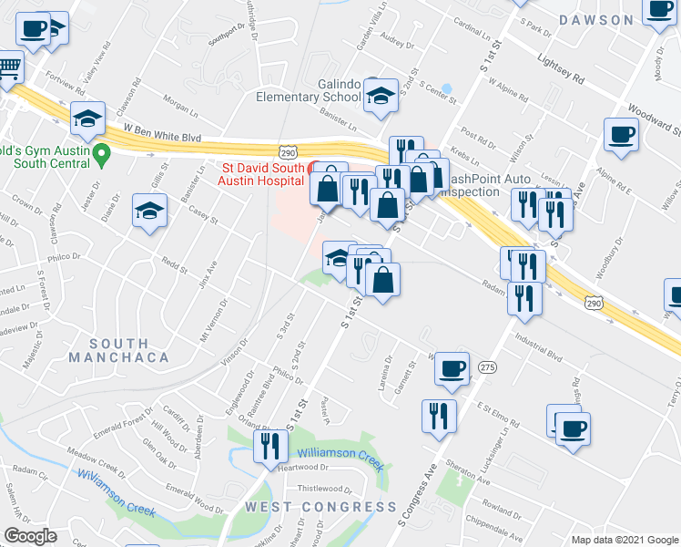 map of restaurants, bars, coffee shops, grocery stores, and more near 4312 South 1st Street in Austin