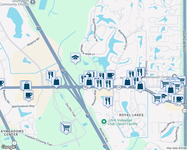 map of restaurants, bars, coffee shops, grocery stores, and more near 7981 Baymeadows Circle West in Jacksonville