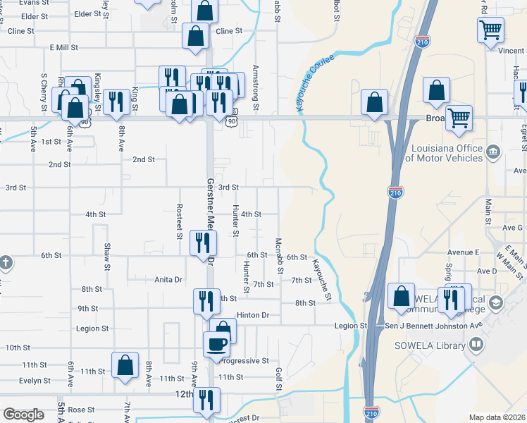 map of restaurants, bars, coffee shops, grocery stores, and more near 1209 Summit St in Lake Charles