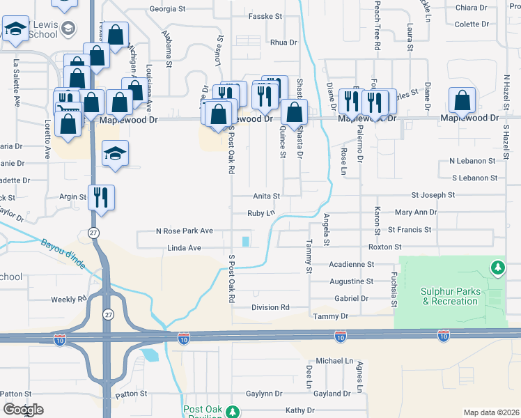 map of restaurants, bars, coffee shops, grocery stores, and more near 2316 Keene Dr in Sulphur