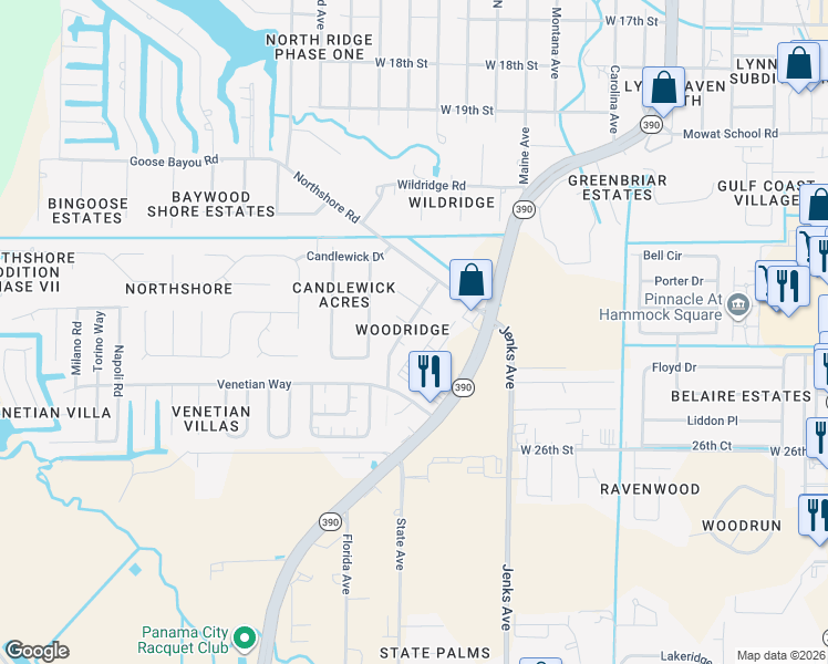 map of restaurants, bars, coffee shops, grocery stores, and more near 4010 Woodridge Road in Panama City