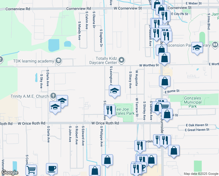 map of restaurants, bars, coffee shops, grocery stores, and more near 1309 South Lexington Avenue in Gonzales