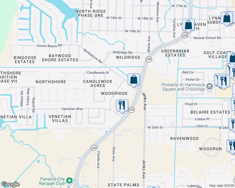map of restaurants, bars, coffee shops, grocery stores, and more near 4010 Woodridge Road in Panama City