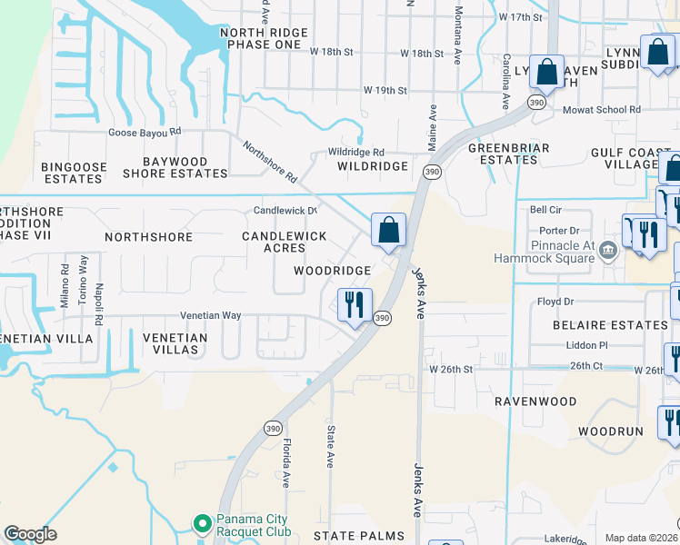 map of restaurants, bars, coffee shops, grocery stores, and more near 4010 Woodridge Road in Panama City