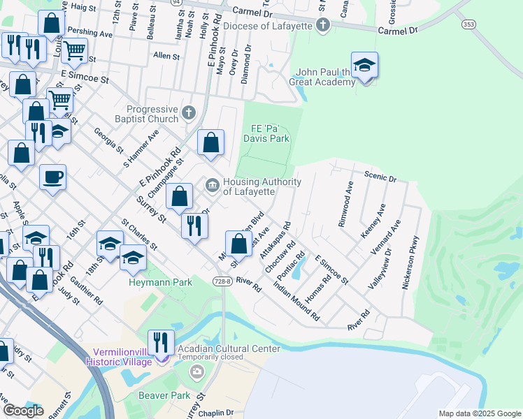map of restaurants, bars, coffee shops, grocery stores, and more near 122 Michael Allen Boulevard in Lafayette