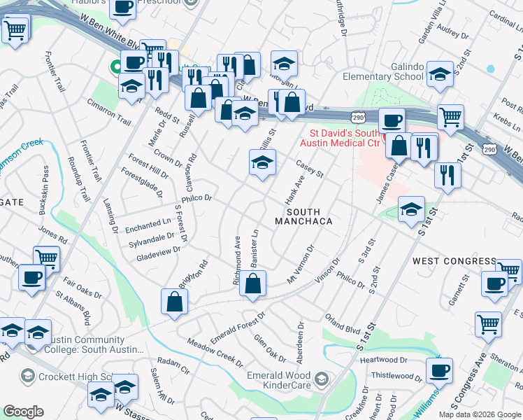 map of restaurants, bars, coffee shops, grocery stores, and more near 4513 Banister Lane in Austin