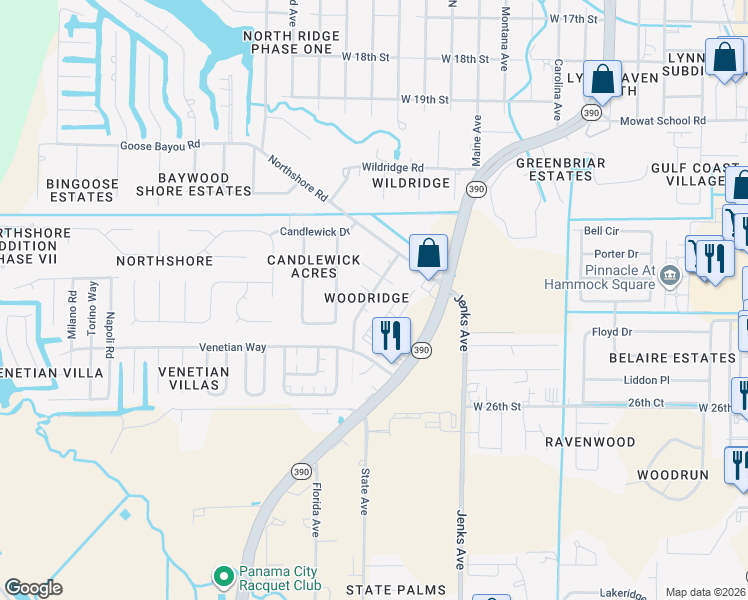 map of restaurants, bars, coffee shops, grocery stores, and more near 4010 Woodridge Road in Panama City