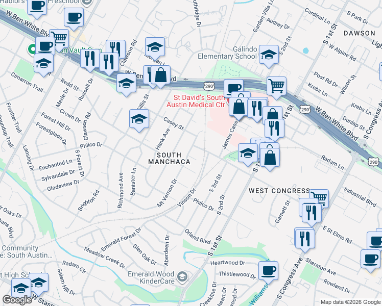 map of restaurants, bars, coffee shops, grocery stores, and more near 903 Plateau Circle in Austin