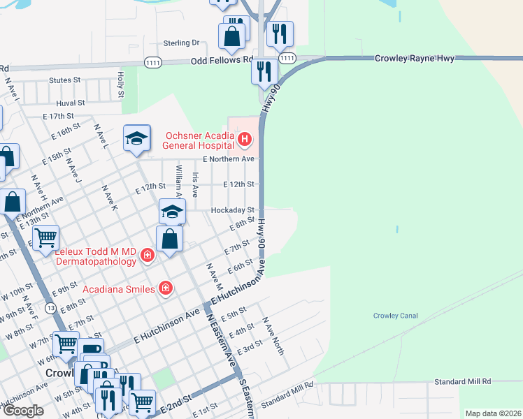 map of restaurants, bars, coffee shops, grocery stores, and more near 582 Crowley Rayne Highway in Crowley