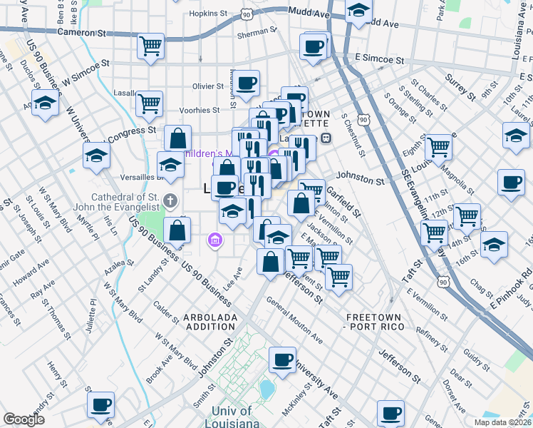 map of restaurants, bars, coffee shops, grocery stores, and more near 315 Polk St in Lafayette