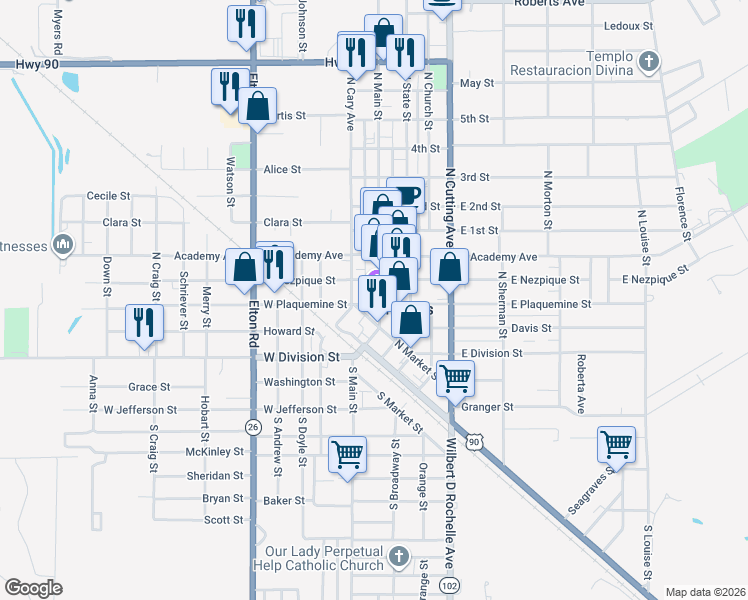 map of restaurants, bars, coffee shops, grocery stores, and more near 311 North Main Street in Jennings
