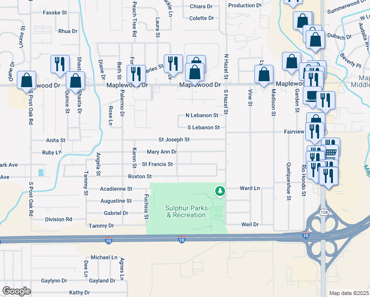 map of restaurants, bars, coffee shops, grocery stores, and more near 2711 Saint Joseph Street in Sulphur