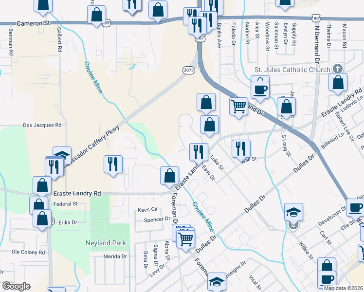 map of restaurants, bars, coffee shops, grocery stores, and more near 90 North Luke Street in Lafayette