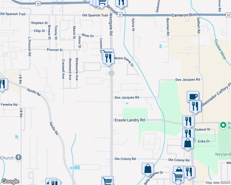 map of restaurants, bars, coffee shops, grocery stores, and more near 733 Westgate Road in Lafayette