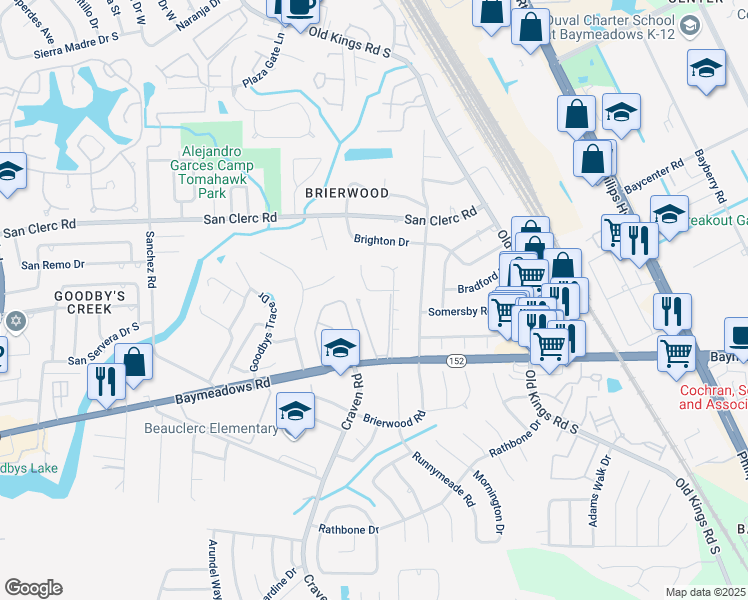 map of restaurants, bars, coffee shops, grocery stores, and more near 8563 Goldeneye Lane in Jacksonville