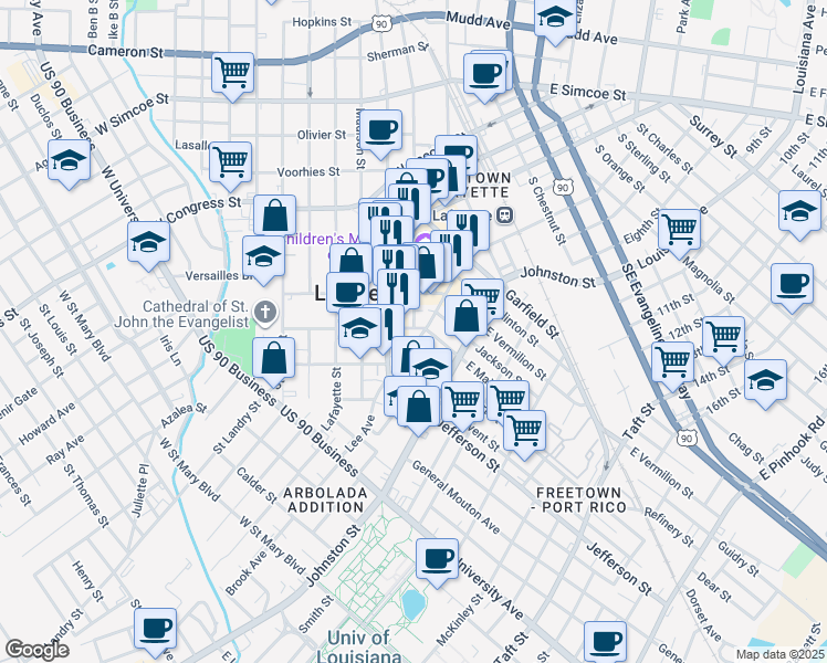 map of restaurants, bars, coffee shops, grocery stores, and more near 315 Polk St in Lafayette