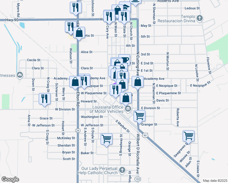 map of restaurants, bars, coffee shops, grocery stores, and more near 311-399 North Main Street in Jennings