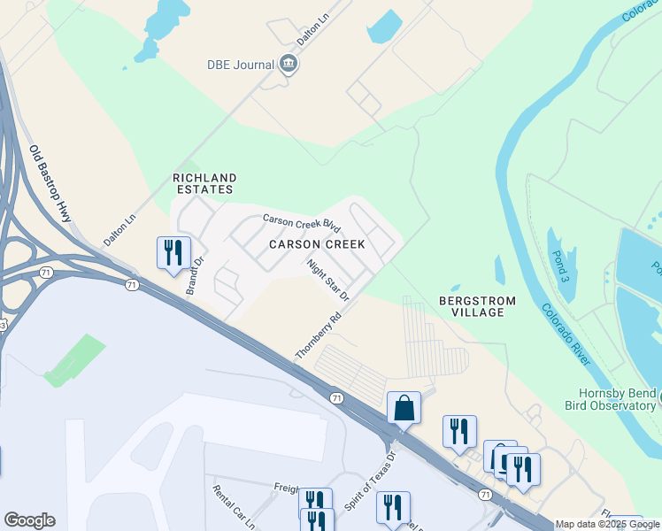 map of restaurants, bars, coffee shops, grocery stores, and more near 9607 Carson Creek Boulevard in Del Valle