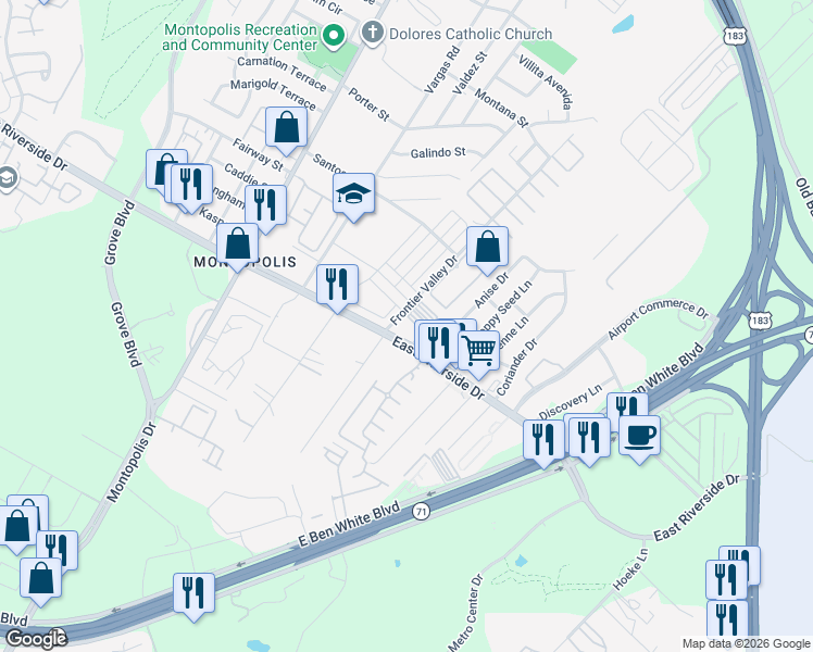 map of restaurants, bars, coffee shops, grocery stores, and more near 1805 Frontier Valley Drive in Austin