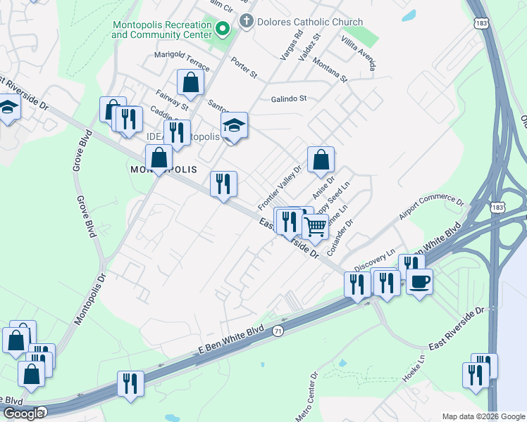 map of restaurants, bars, coffee shops, grocery stores, and more near 6900 Idea Road in Austin
