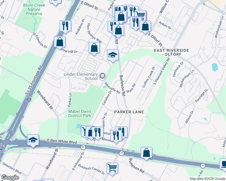 map of restaurants, bars, coffee shops, grocery stores, and more near 2901 Catalina Drive in Austin
